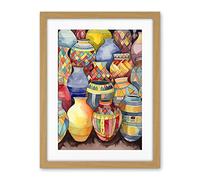 Artery8 Glazed Ceramic Pot Vases Folk Art Artwork Framed Wall Art Print 18X24 Inch