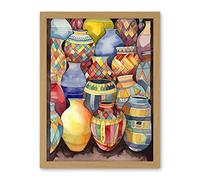 Artery8 Glazed Ceramic Pot Vases Folk Art Artwork Framed Wall Art Print 18X24 Inch