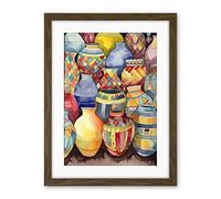 Artery8 Glazed Ceramic Pot Vases Folk Art Artwork Framed Wall Art Print 18X24 Inch