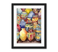 Artery8 Glazed Ceramic Pot Vases Folk Art Artwork Framed Wall Art Print 18X24 Inch