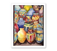 Artery8 Glazed Ceramic Pot Vases Folk Art Artwork Framed Wall Art Print 18X24 Inch