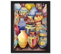 Artery8 Glazed Ceramic Pot Vases Folk Art Artwork Framed Wall Art Print A4 in Black Artery8 Black