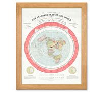 Artery8 Gleason 1892 World Time Calculator Flat Earth Map Art Oak Wood Framed Wall Print in White | Size: W12" x H16" x D15mm Artery8 White W12" x H16" x D15mm