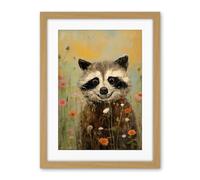 Artery8 Gleeful Raccoon Picking Flowers Oil Painting Red White Blooms Spring Meadow Landscape Kids Bedroom Artwork Framed Wall Art Print 18X24 Inch