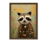 Artery8 Gleeful Raccoon Picking Flowers Oil Painting Red White Blooms Spring Meadow Landscape Kids Bedroom Artwork Framed Wall Art Print 18X24 Inch