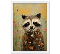 Artery8 Gleeful Raccoon Picking Flowers Oil Painting Red White Blooms Spring Meadow Landscape Kids Bedroom Artwork Framed A3 Wall Art Print