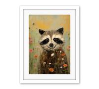 Artery8 Gleeful Raccoon Picking Flowers Oil Painting Red White Blooms Spring Meadow Landscape Kids Bedroom Artwork Framed Wall Art Print 18X24 Inch