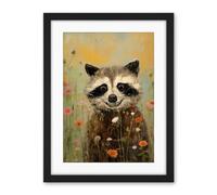 Artery8 Gleeful Raccoon Picking Flowers Oil Painting Red White Blooms Spring Meadow Landscape Kids Bedroom Artwork Framed Wall Art Print 18X24 Inch