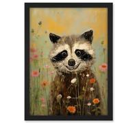 Artery8 Gleeful Raccoon Picking Flowers Oil Painting Red White Blooms Spring Meadow Landscape Kids Bedroom Artwork Framed A3 Wall Art Print