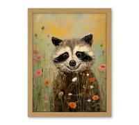 Artery8 Gleeful Raccoon Picking Flowers Oil Painting Red White Blooms Spring Meadow Landscape Kids Bedroom Artwork Framed Wall Art Print 18X24 Inch