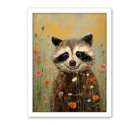 Artery8 Gleeful Raccoon Picking Flowers Oil Painting Red White Blooms Spring Meadow Landscape Kids Bedroom Artwork Framed Wall Art Print 18X24 Inch