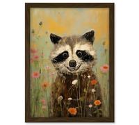Artery8 Gleeful Raccoon Picking Flowers Oil Painting Red White Blooms Spring Meadow Landscape Kids Bedroom Artwork Framed A3 Wall Art Print