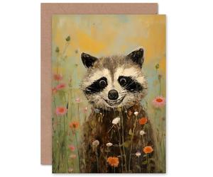 Artery8 Gleeful Raccoon Spring Meadow Fun for Wife Her Mum Sister Daughter Mom Gran Nan Birthday Thank You Kids Child Blank Art Greeting Card