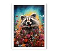 Artery8 Gleeful Racoon Quirky Portrait Spring Makes Everything Better Oil Painting Kids Bedroom Blooming Wildflower Meadow Artwork Framed Wall Art Print 18X24 Inch
