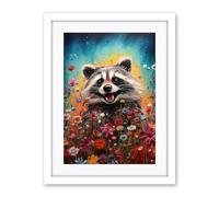 Artery8 Gleeful Racoon Quirky Portrait Spring Makes Everything Better Oil Painting Kids Bedroom Blooming Wildflower Meadow Artwork Framed Wall Art Print 18X24 Inch