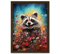 Artery8 Gleeful Racoon Quirky Portrait Spring Makes Everything Better Oil Painting Kids Bedroom Blooming Wildflower Meadow Artwork Framed A3 Wall Art Print