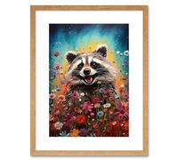 Artery8 Gleeful Racoon Quirky Portrait Spring Makes Everything Better Oil Painting Kids Bedroom Blooming Wildflower Meadow Artwork Framed Wall Art Print 9X7 Inch