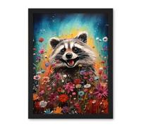 Artery8 Gleeful Racoon Quirky Portrait Spring Makes Everything Better Oil Painting Kids Bedroom Blooming Wildflower Meadow Artwork Framed Wall Art Print 18X24 Inch