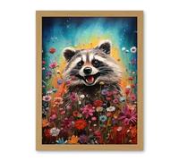 Artery8 Gleeful Racoon Quirky Portrait Spring Makes Everything Better Oil Painting Kids Bedroom Blooming Wildflower Meadow Artwork Framed Wall Art Print 18X24 Inch