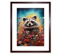 Artery8 Gleeful Racoon Quirky Portrait Spring Makes Everything Better Oil Painting Kids Bedroom Blooming Wildflower Meadow Artwork Framed Wall Art Print 9X7 Inch