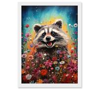 Artery8 Gleeful Racoon Quirky Portrait Spring Makes Everything Better Oil Painting Kids Bedroom Blooming Wildflower Meadow Artwork Framed A3 Wall Art Print
