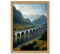 Glenfinnan Viaduct Scotland Train Journey Artwork Framed Wall Art Print A4 Artery8 Light Oak One Size