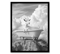 Artery8 Goat in a Bathtub on a Hill Black White Surreal Bathroom Toilet Artwork Framed Wall Art Print 18X24 Inch