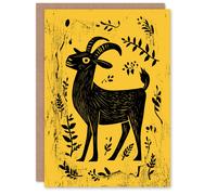 Artery8 Greeting Card Goat Plant Leaves Simple Black Yellow Folk Art Blank For Him Or Her Art Birthday Card