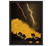 Artery8 Gold And Black Thunder Storm With Bright Lightning At Lakeside Tree Silhouette Wall Art Print - A4 Size