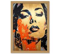 Artery8 Gold Beauty Woman Face with Earrings Red Splat Paint Linocut Portrait Teen Room Artwork Framed A3 Wall Art Print