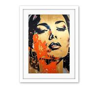 Artery8 Gold Beauty Woman Face with Earrings Red Splat Paint Linocut Portrait Teen Room Artwork Framed Wall Art Print 18X24 Inch