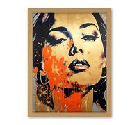 Artery8 Gold Beauty Woman Face with Earrings Red Splat Paint Linocut Portrait Teen Room Artwork Framed Wall Art Print 18X24 Inch