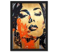 Artery8 Gold Beauty Woman Face with Earrings Red Splat Paint Linocut Portrait Teen Room Artwork Framed Wall Art Print A4
