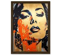 Artery8 Gold Beauty Woman Face with Earrings Red Splat Paint Linocut Portrait Teen Room Artwork Framed A3 Wall Art Print