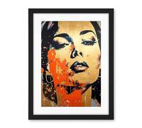 Artery8 Gold Beauty Woman Face with Earrings Red Splat Paint Linocut Portrait Teen Room Artwork Framed Wall Art Print 18X24 Inch