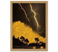 Gold and Black Thunder Storm with Bright Lightning at Lakeside Tree Silhouette Artwork Framed Wall Art Print A4 Artery8 Light Oak One Size