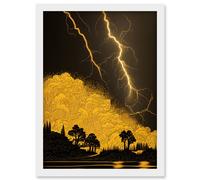 Artery8 Gold & Black Thunder Storm with Bright Lightning at Lakeside Tree Silhouette Artwork Framed Wall Art Print A4 in White Artery8 White