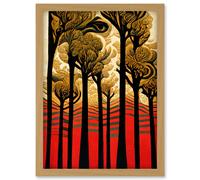 Artery8 Gold Forest Trees At Sunset Modern Painting Artwork Framed Wall Art Print A4 in Light Oak Artery8 Light Oak
