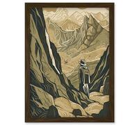 Gold Miner on Rocky Mountain Range Peaks Landscape Artwork Framed Wall Art Print A4 Artery8 Brown One Size
