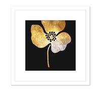 Artery8 Gold on Black Metallic Effect Foil on Black Style Single Flower Floral Painting Square Wooden Framed Wall Art Print Picture 8X8 Inch in White Artery8 White
