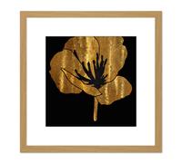 Artery8 Gold on Black Pressed Poppy Flower Metallic Effect Foil Single Flower Floral Painting Square Wooden Framed Wall Art Print Picture 8X8 Inch Artery8 Light Oak