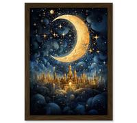 Artery8 Golden City in the Clouds Surreal Artwork Blue Gold Crescent Moon Starry Night Fairytale Artwork Framed Wall Art Print A4