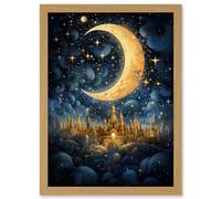 Artery8 Golden City in the Clouds Surreal Artwork Blue Gold Crescent Moon Starry Night Fairytale Artwork Framed Wall Art Print A4