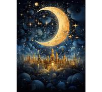 Wall Art Print Golden City in the Clouds Surreal Artwork Blue Gold Crescent Moon Starry Night Fairytale Poster Artery8 Black W24 inch x H32 inch