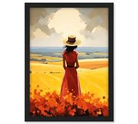 Artery8 Golden Countryside by the Sea Oil Painting Woman Looking over Horizon in Coastal Farmland Landscape Artwork Framed A3 Wall Art Print