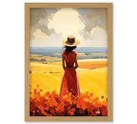 Artery8 Golden Countryside by the Sea Oil Painting Woman Looking over Horizon in Coastal Farmland Landscape Artwork Framed Wall Art Print A4