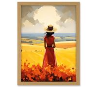 Artery8 Golden Countryside by the Sea Oil Painting Woman Looking over Horizon in Coastal Farmland Landscape Artwork Framed A3 Wall Art Print