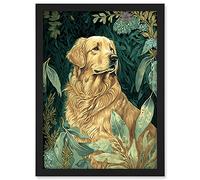Artery8 Golden Retriever Dog in Nature Modern Watercolour Illustration Artwork Framed A3 Wall Art Print