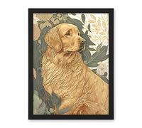 Artery8 Golden Retriever Dog in Nature Soft Pastel Colour Illustration Artwork Framed Wall Art Print 18X24 Inch
