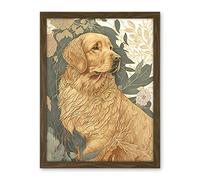 Artery8 Golden Retriever Dog in Nature Soft Pastel Colour Illustration Artwork Framed Wall Art Print 18X24 Inch